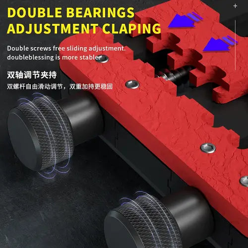 MECHANIC MR6 AIR DOUBLE BEARINGS VERSATILE FIXTURE - Repair Fixture - red textured metal clamping tool with black circular adjustment knobs and silver hex bolts, featuring white and yellow instructional text overlays.