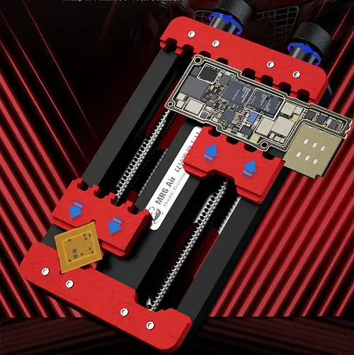 MECHANIC MR6 AIR DOUBLE BEARINGS VERSATILE FIXTURE - Repair Fixture - red and black rectangular metal motherboard fixture tool with adjustable clamps, two knurled adjustment knobs, and a printed label reading MRG Air.