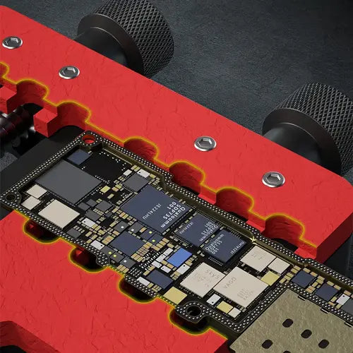 MECHANIC MR6 AIR DOUBLE BEARINGS VERSATILE FIXTURE - Repair Fixture - rectangular circuit board featuring black and silver components with Qualcomm text, secured in a red textured metal jig with two black knurled knobs.