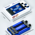 Mechanic MR6 Max Adjustable PCB Board Fixed Holder For Phone Motherboard CPU Repair Rework Fixture IC Chip Soldering Clamp - a blue and black adjustable PCB holder with two adjustment knobs alongside its branded packaging box with dimension labels.