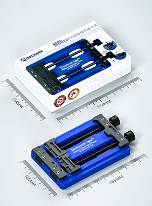 Mechanic MR6 Max Adjustable PCB Board Fixed Holder For Phone Motherboard CPU Repair Rework Fixture IC Chip Soldering Clamp - a blue and black adjustable PCB holder with two adjustment knobs alongside its branded packaging box with dimension labels.
