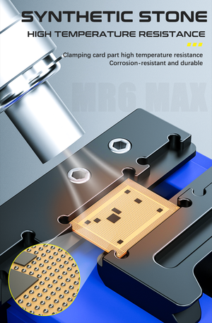 Mechanic MR6 Max Adjustable PCB Board Fixed Holder For Phone Motherboard CPU Repair Rework Fixture IC Chip Soldering Clamp - with a magnified circular inset showing the chip's underside and solder balls.