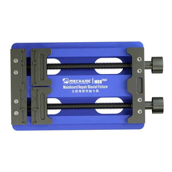 Mechanic MR6 Max Adjustable PCB Board Fixed Holder For Phone Motherboard CPU Repair Rework Fixture IC Chip Soldering Clamp - a blue metal PCB holder with two adjustable threaded rods and two grey clamping plates.