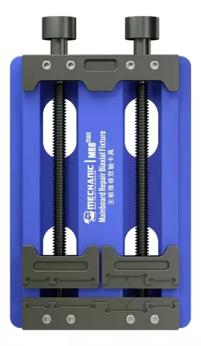 Mechanic MR6 Max Adjustable PCB Board Fixed Holder For Phone Motherboard CPU Repair Rework Fixture IC Chip Soldering Clamp - a blue rectangular PCB holder with two black adjustable clamping brackets operated by two top-mounted adjustment knobs.