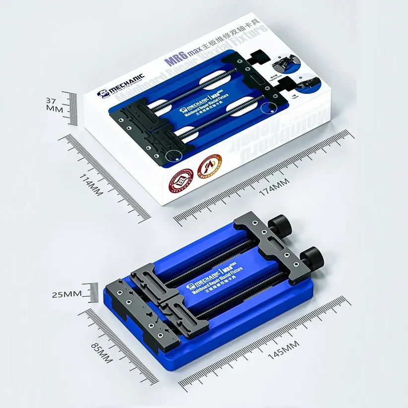 Mechanic MR6 Max Adjustable PCB Board Fixed Holder For Phone Motherboard CPU Repair Rework Fixture IC Chip Soldering Clamp - shown with its blue and black metal holder and its corresponding white retail packaging box.