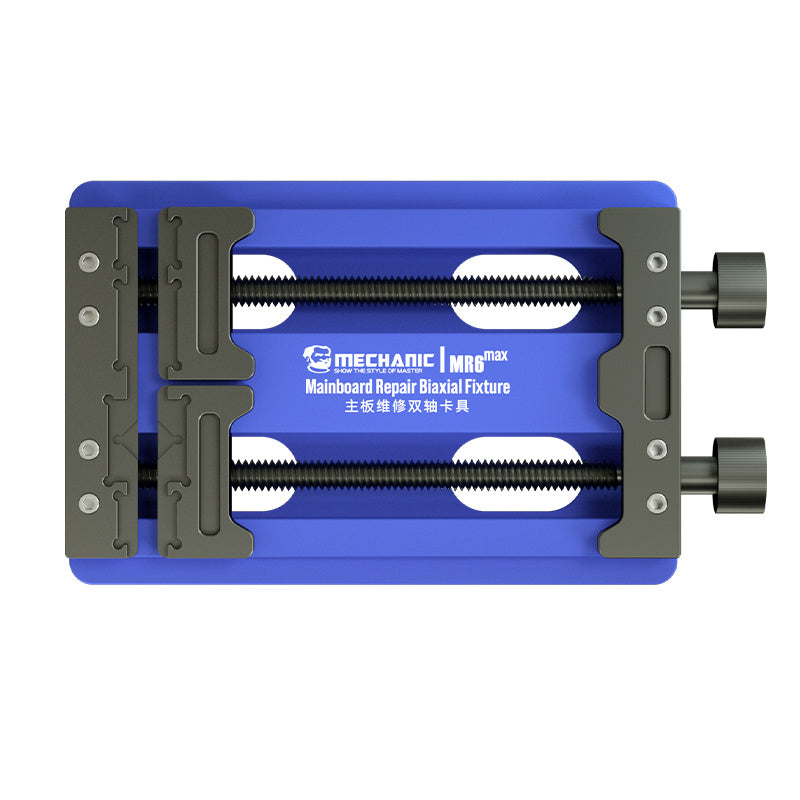 MECHANIC MR6 MAX DOUBLE BEARINGS VERSATILE FIXTURE - Repair Fixture - blue rectangular motherboard repair fixture with two adjustable black sliding clamps, silver screws, and two threaded adjustment knobs on the side.