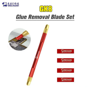 MECHANIC MULTIFUNCTIONAL REPAIR BLADE SET - a red cylindrical handle with textured gold metallic tips and a printed "mechanic" logo, accompanied by four rectangular red blades branded with the same logo.