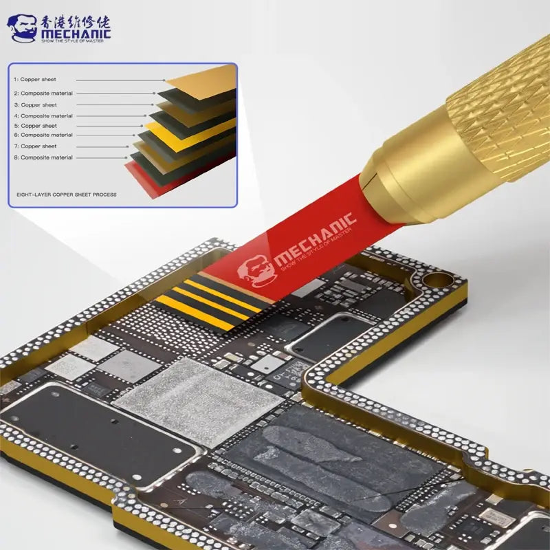 MECHANIC MULTIFUNCTIONAL REPAIR BLADE SET - a gold-colored metal handle holding a flat, red, rectangular tool with the MECHANIC logo, prying a black and gold electronic circuit board component.