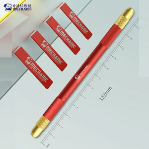 MECHANIC MULTIFUNCTIONAL REPAIR BLADE SET - a red precision tool with gold knurled tips, placed next to four red rectangular labels labeled with the Mechanic logo, alongside a measurement scale marked 132mm.