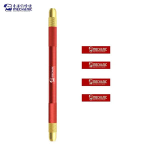 MECHANIC MULTIFUNCTIONAL REPAIR BLADE SET - cylindrical red and gold metal tool with knurled grips and Mechanic branding, accompanied by four rectangular red stickers with the same logo.