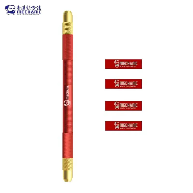 MECHANIC MULTIFUNCTIONAL REPAIR BLADE SET - cylindrical red and gold metal tool with knurled grips and Mechanic branding, accompanied by four rectangular red stickers with the same logo.