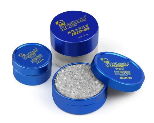 MECHANIC N6 TIP REFRESHER - Soldering Accessory - three round blue tins labeled mechanic with metallic silver paste inside, one open and two closed, arranged on a white background.