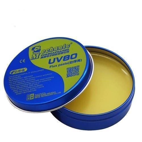 Mechanic No Clean BGA Tin Solder Flux Paste MCN-UV80 - an open blue metal tin with yellow flux paste and its matching lid beside it.