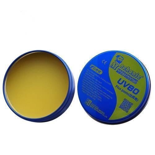Mechanic No Clean BGA Tin Solder Flux Paste MCN-UV80 - an open blue circular tin container with yellow flux paste and its blue lid.