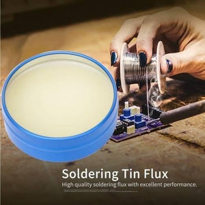 Mechanic No Clean BGA Tin Solder Flux Paste MCN-UV80 - shown as a round blue tin container with yellow flux paste next to a hand holding a solder spool.