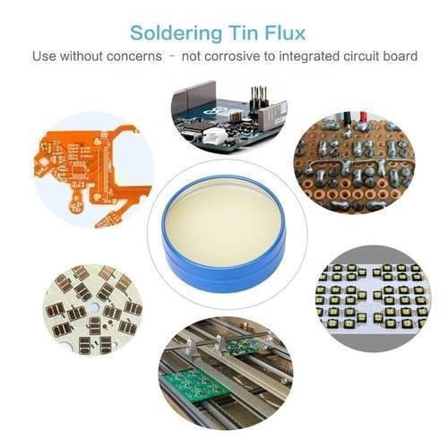 Mechanic No Clean BGA Tin Solder Flux Paste MCN-UV80 - a blue circular container of flux paste surrounded by six circular insets of circuit boards.