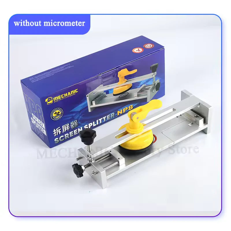 Mechanic NP8 Screen Splitter And Removal LCD Screen Splitter Quick Screen Removal Fixture For Iphone 6-13PM Android Clamping - a silver metal fixture with a yellow suction cup and black adjustment knobs, displayed next to its blue product box.