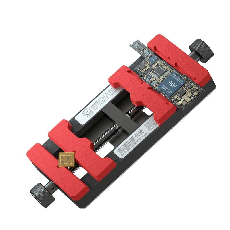 Mechanic Ori Mini Double Bearings Versatile Fixture - a black base with two red adjustable clamps holding a circuit board and a small chip.