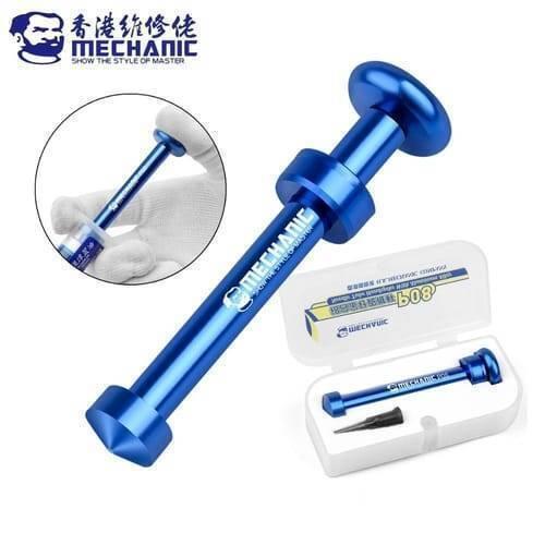 Mechanic P08 Aluminum Alloy Needle Tube Piston Solder Paste Flux Welding Oil Booster Pusher - a blue metal manual pusher, a close-up of its use, and a storage case containing a spare pusher.