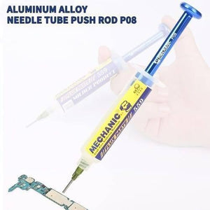 Mechanic P08 Aluminum Alloy Needle Tube Piston Solder Paste Flux Welding Oil Booster Pusher - shown with a blue metal plunger and a syringe of Mechanic 559 flux paste above a circuit board.
