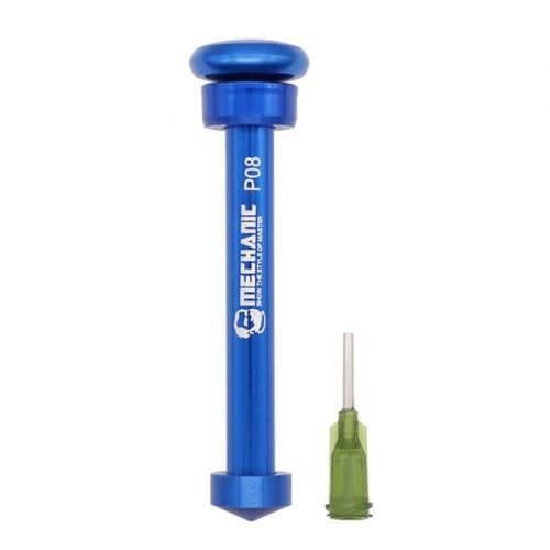 Mechanic P08 Aluminum Alloy Needle Tube Piston Solder Paste Flux Welding Oil Booster Pusher - a blue cylindrical metal plunger tool next to a single green-capped needle tip.