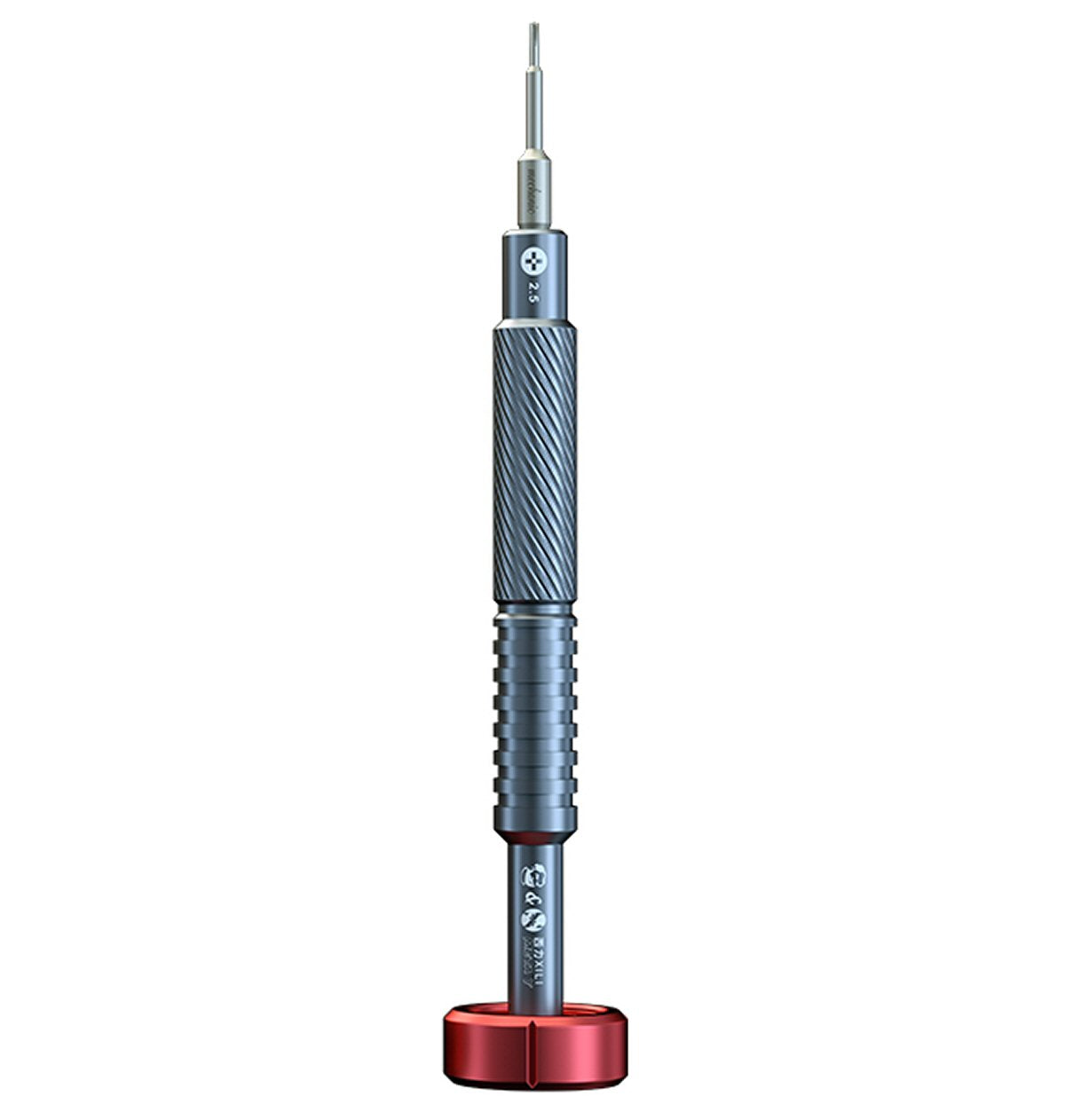 MECHANIC PLUS 2.5 SCREWDRIVER (MAX8) - precision screwdriver with a metallic grey knurled handle, a red rotating base, and a small metal bit marked with a cross symbol and the number 2.5.