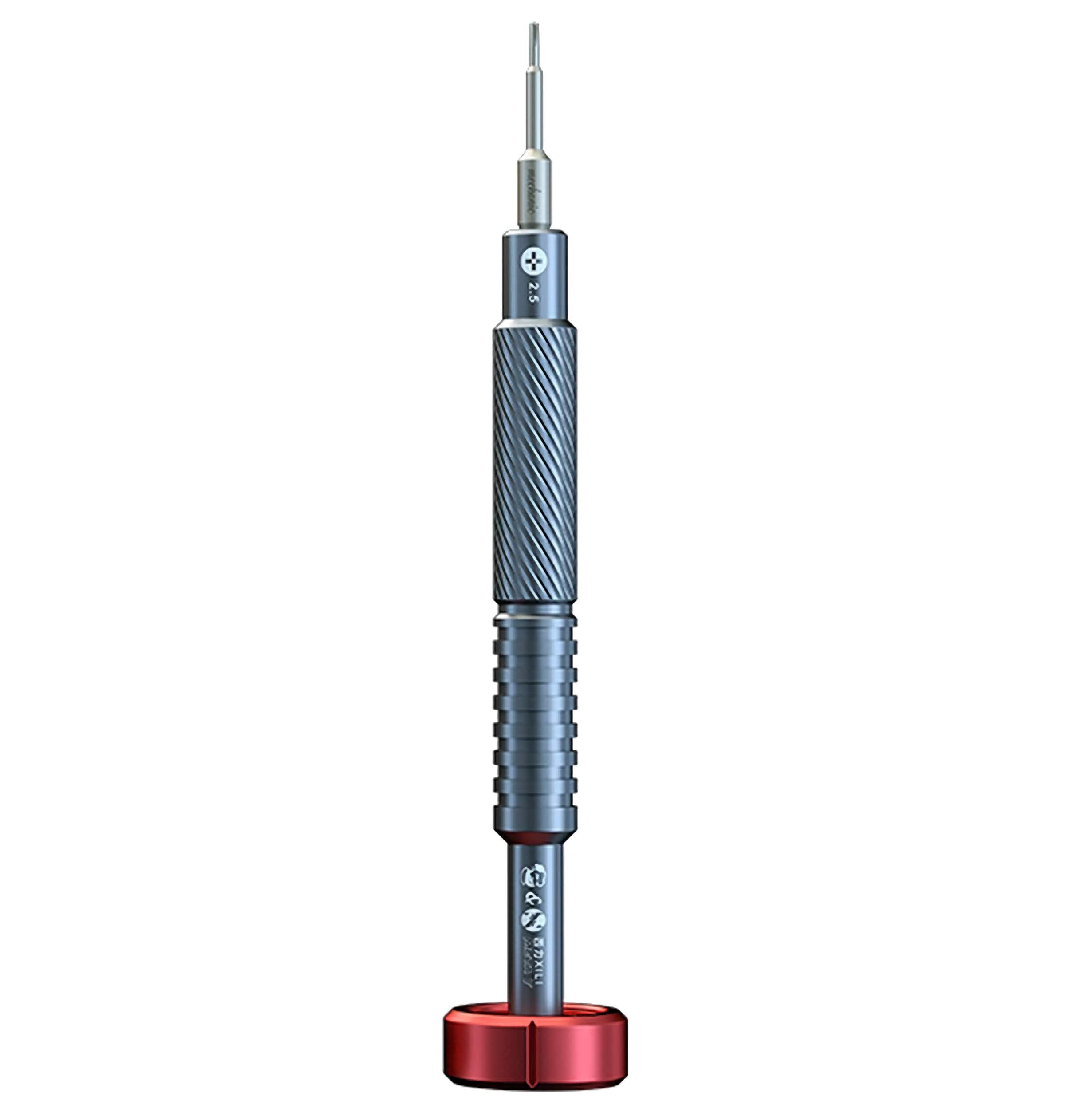 MECHANIC PLUS 2.5 SCREWDRIVER (MAX8) - grey metal precision screwdriver with a textured grip, a thin silver bit labeled "2.5," and a round red end cap.