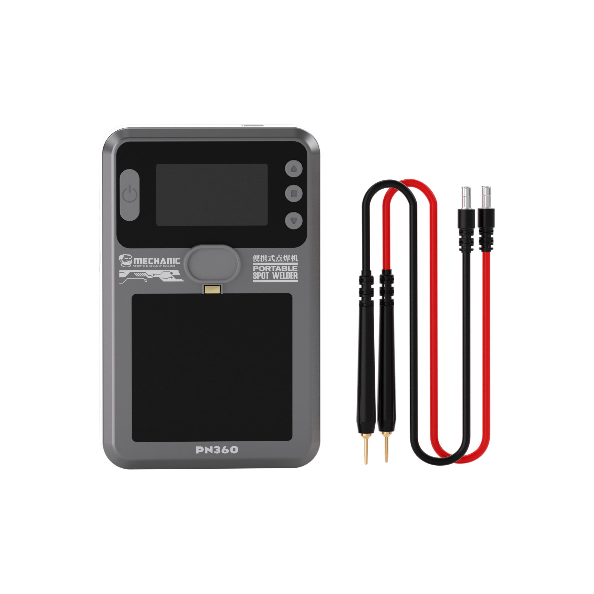 MECHANIC PN360 PORTABLE SPOT WELDER - grey rectangular portable spot welder with a screen, buttons, Mechanic branding, and a pair of black and red welding pens with metal tips.