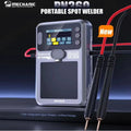 Mechanic PN360 Portable Spot Welder Built-in Battery TFT Display - a grey handheld device with a TFT display showing settings, a power button, side ports, and two attached welding pens.