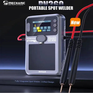 Mechanic PN360 Portable Spot Welder Built-in Battery TFT Display - a grey handheld device with a TFT display showing settings, a power button, side ports, and two attached welding pens.