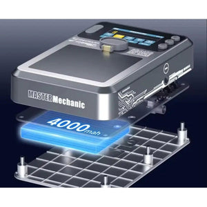 Mechanic PN360 Portable Spot Welder Built-in Battery TFT Display - shown in an exploded view with its grey casing, TFT display, top buttons, and internal 4000mAh battery.