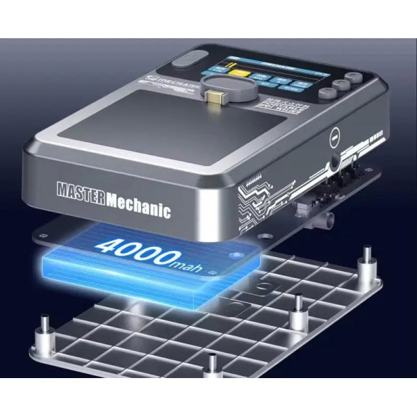 Mechanic PN360 Portable Spot Welder Built-in Battery TFT Display - shown in an exploded view with its grey casing, TFT display, top buttons, and internal 4000mAh battery.