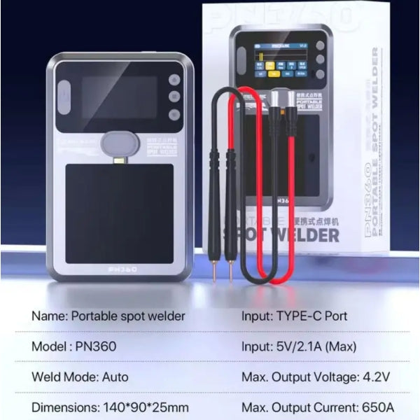 Mechanic PN360 Portable Spot Welder Built-in Battery TFT Display - shown with its silver unit, a black and red welding pen set, its product box, and a printed technical specification list.