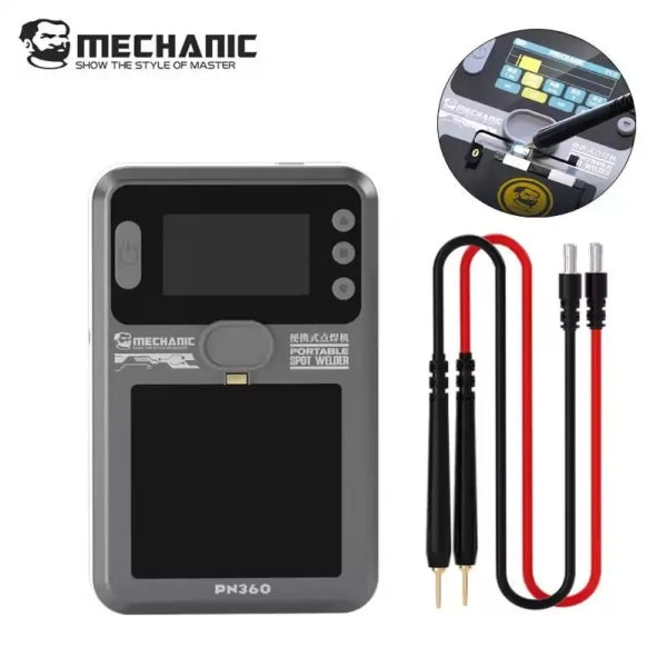 Mechanic PN360 Portable Spot Welder Built-in Battery TFT Display - a grey handheld device with a TFT display, side buttons, and a pair of red and black welding pens.