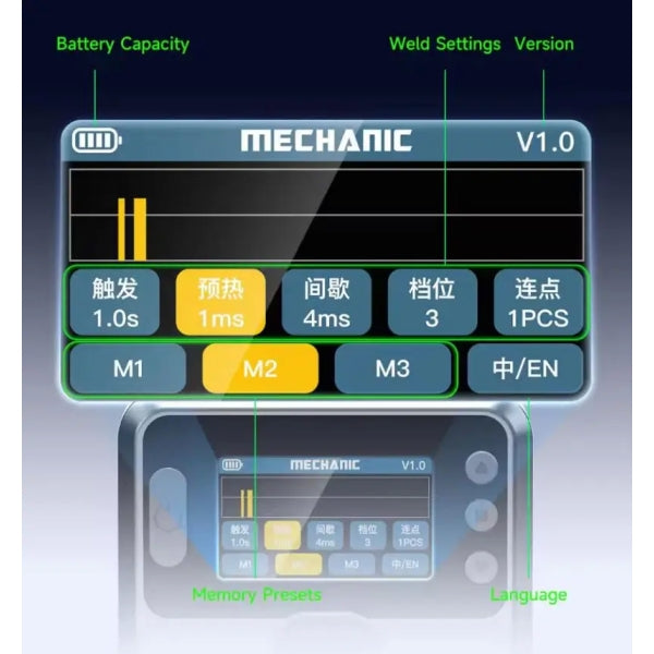 Mechanic PN360 Portable Spot Welder Built-in Battery TFT Display - a close-up of its TFT display interface, highlighting battery, weld settings, memory presets, and language.