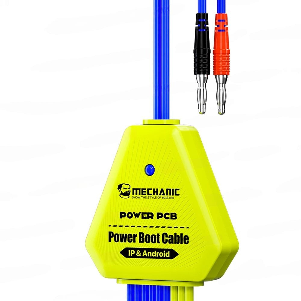 MECHANIC POWER PCB BOOT CABLE - Repair Cable - bright yellow, shield-shaped power boot cable device with a blue indicator light, black and red banana plug connectors, and printed branding and text.