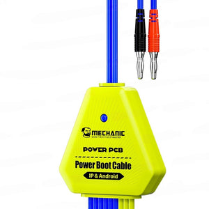 MECHANIC POWER PCB BOOT CABLE - Repair Cable - bright yellow, shield-shaped power boot cable device with a blue indicator light, black and red banana plug connectors, and printed branding and text.