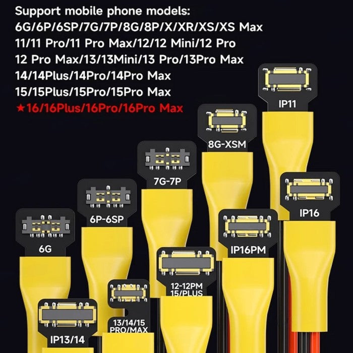 MECHANIC POWER PCB BOOT CABLE - Repair Cable - a collection of yellow-handled cables with various black-colored rectangular connectors labeled with text codes, set against a black background with compatibility text.