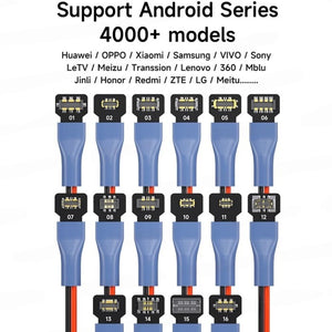 MECHANIC POWER PCB BOOT CABLE - Repair Cable - sixteen varying black electronic connectors with gold pins, attached to blue insulated wiring and labeled with numbers 01 through 16 against a white background.