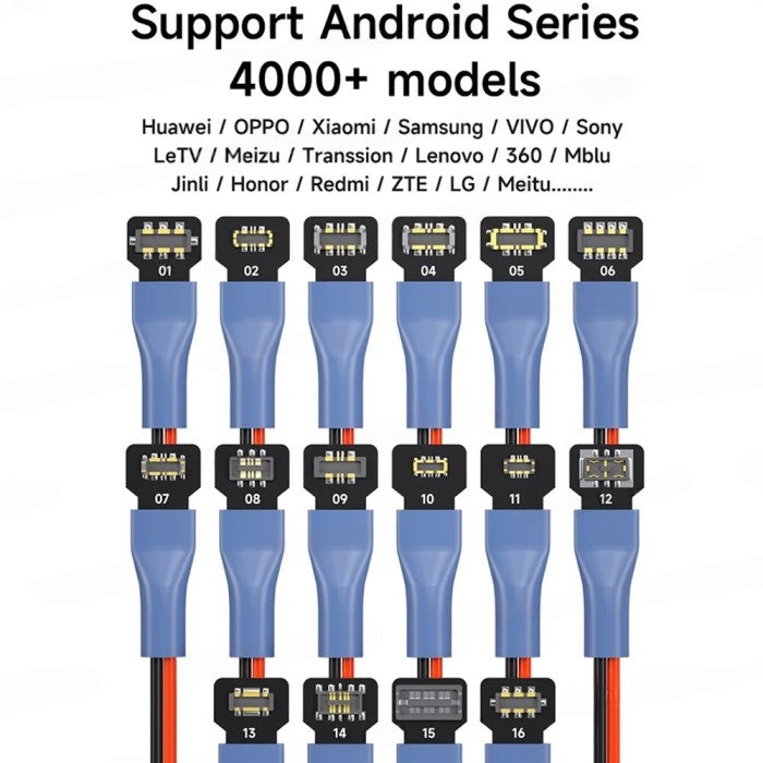 MECHANIC POWER PCB BOOT CABLE - Repair Cable - sixteen varying black electronic connectors with gold pins, attached to blue insulated wiring and labeled with numbers 01 through 16 against a white background.