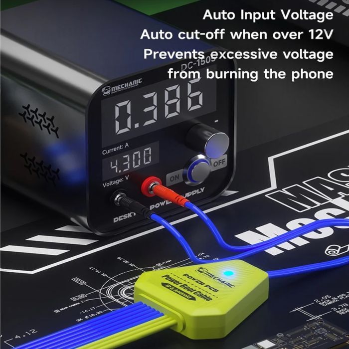 MECHANIC POWER PCB BOOT CABLE - Repair Cable - black bench power supply with two digital displays, silver knobs, and red and black cable inputs connected to a bright yellow Mechanic power boot cable.