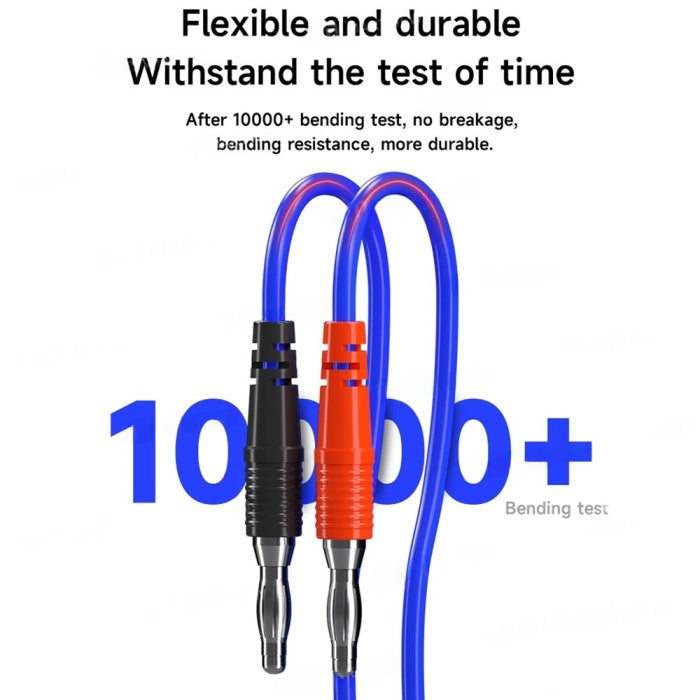 MECHANIC POWER PCB BOOT CABLE - Repair Cable - blue flexible cable with one black and one orange plug connector featuring silver metallic tips against a white background with overlaid text.