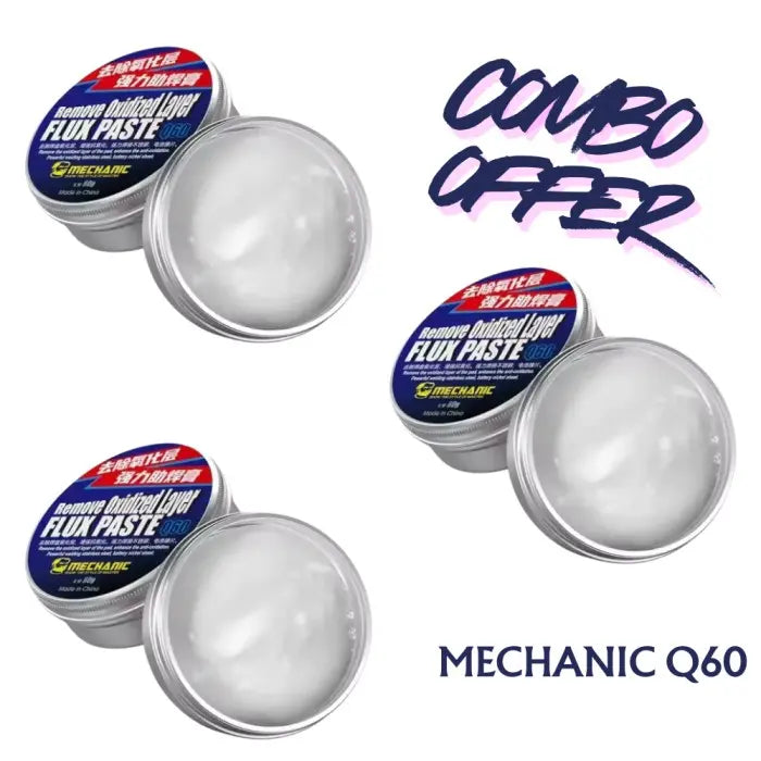 MECHANIC Q60 FLUX PASTE - Soldering Flux - three silver circular metal tins containing white flux paste, featuring blue and red lids with the text "MECHANIC" and "FLUX PASTE" printed on them.