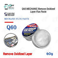 Mechanic Q60 Powerful Antioxidant Flux Paste Enhance The Anti-oxidation Remove Oxidized Layer Flux Paste Soldering Repair Paste 60G - a round metal tin with a blue label, an open tin filled with white paste, and a circular inset image of a soldering iron.