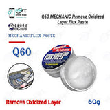 Mechanic Q60 Powerful Antioxidant Flux Paste Enhance The Anti-oxidation Remove Oxidized Layer Flux Paste Soldering Repair Paste 60G - a round metal tin with a blue label, an open tin filled with white paste, and a circular inset image of a soldering iron.