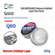 Mechanic Q60 Powerful Antioxidant Flux Paste Enhance The Anti-oxidation Remove Oxidized Layer Flux Paste Soldering Repair Paste 60G - a round metal tin with a blue label, an open tin filled with white paste, and a circular inset image of a soldering iron.