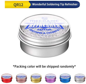 MECHANIC QR12 TIP REFRESHER - Soldering Accessory - round metal tin filled with grey granular material, featuring a clear lid with a white, blue, and silver label reading "MECHANIC SOLDERING TIP REFRESHER QR12".