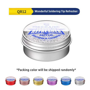 MECHANIC QR12 TIP REFRESHER - Soldering Accessory - round metallic tin with a clear lid displaying white grainy soldering tip refresher compound, labeled with blue branding text, shown in various metallic container colors.