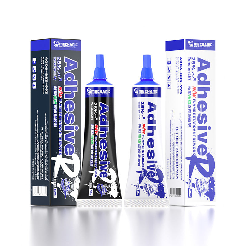 MECHANIC R7 (BLACK) ADHESIVE GUM 60ML - two tubes of Mechanic brand adhesive, one black and one white, each with a blue nozzle and matching branded rectangular packaging boxes.
