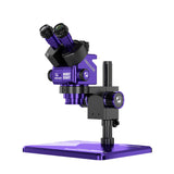 MECHANIC ROBOT 6560T-B11 60X TRINOCULAR STEREO MICROSCOPE - purple binocular stereo microscope on a black stand, featuring two adjustable eyepieces, a central housing labeled "ROBOT 6560T", and a rectangular purple base.